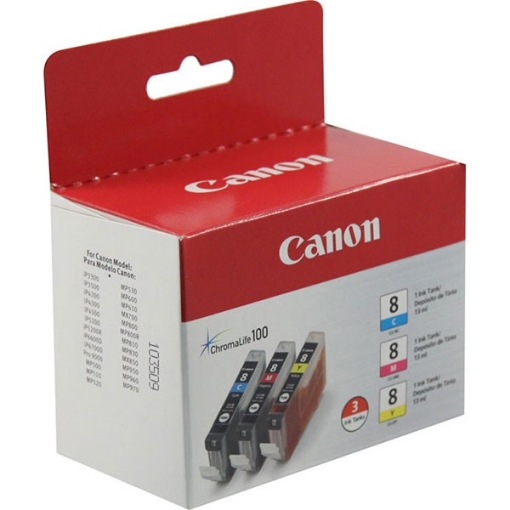 Picture of Canon 0621B016 (CLI-8, Canon 8) Cyan, Magenta, Yellow Ink Cartridges (3 pack)