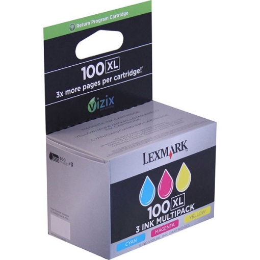 Picture of Lexmark 14N0684 (Lexmark #100C M Y XL) OEM High Yield Cyan, Yellow, Magenta Ink Cartridge (Multipack, 3pk)